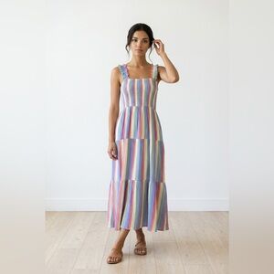 Berkeley Jensen Women Sz L Smocked Tiered Maxi Dress in Pastel Rainbow Dress
